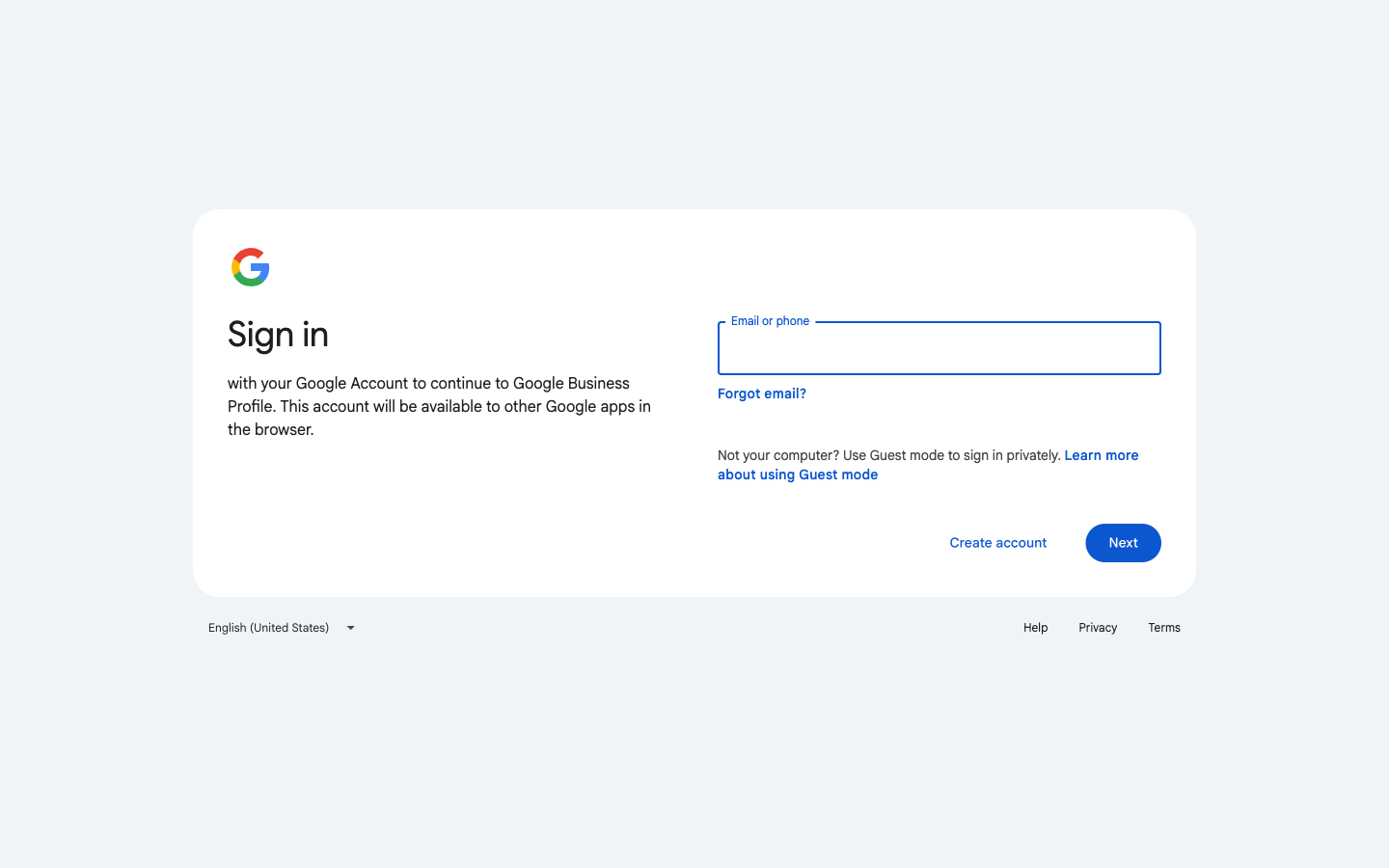 Pantalla de inicio de sesión de Google para acceder a Google Business Profile