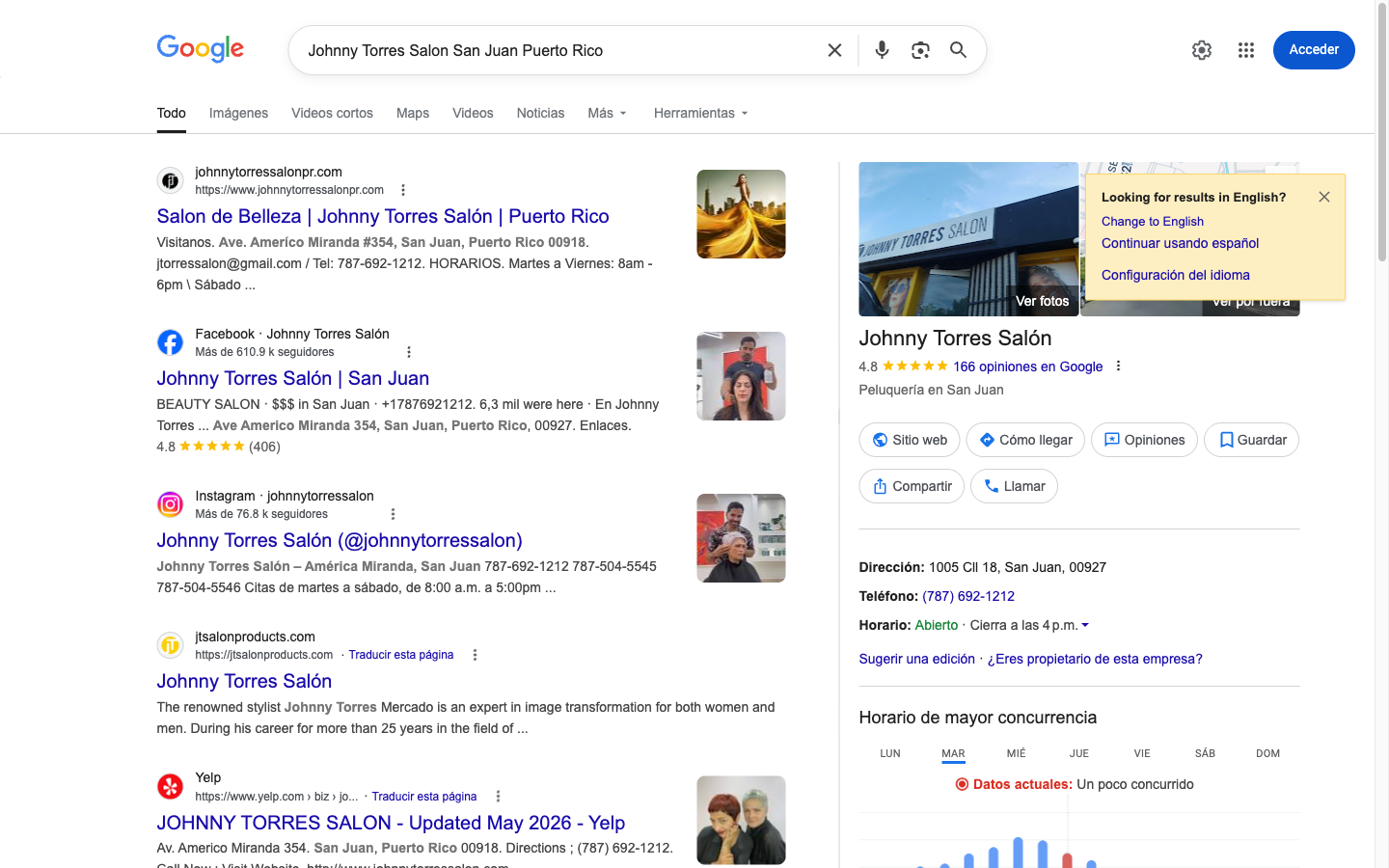 Knowledge Panel de Google mostrando la información completa de un negocio de servicios en los resultados de búsqueda