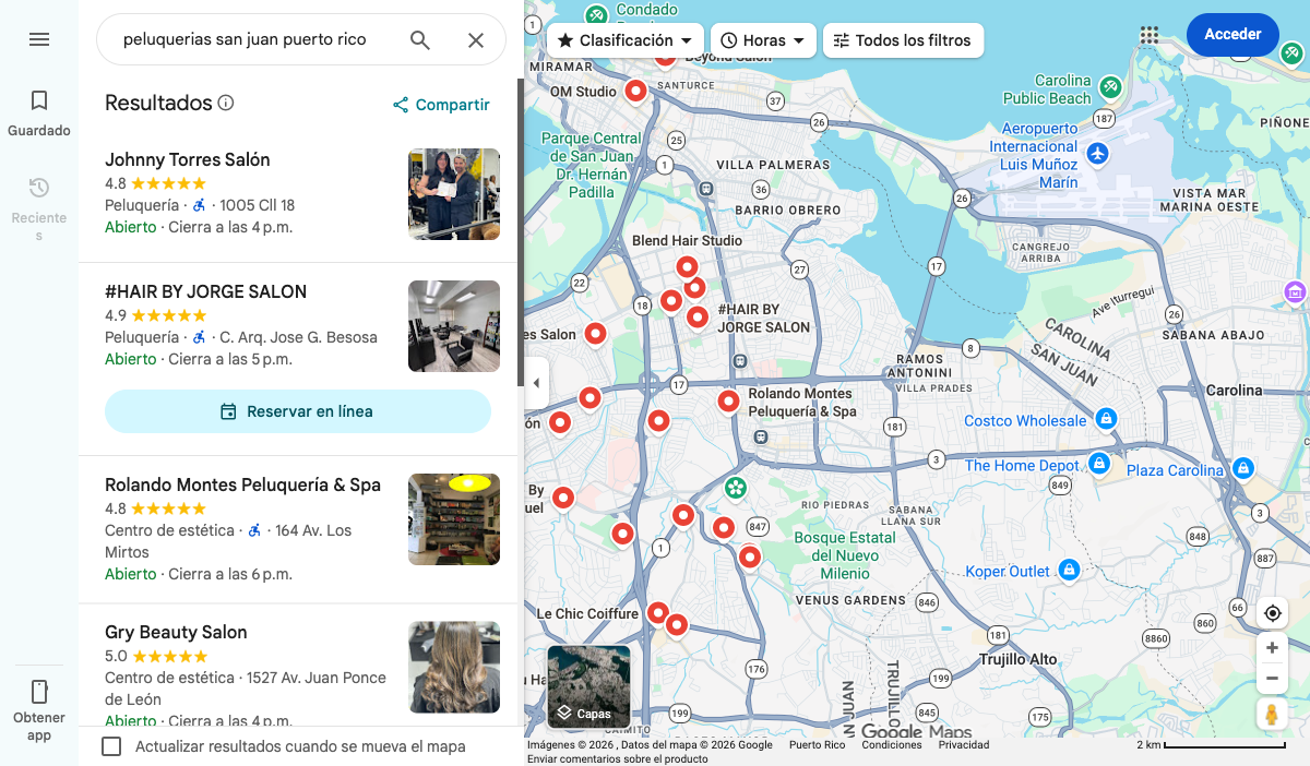 Google Maps mostrando resultados del Local Pack de peluquerías con reseñas y horarios visibles