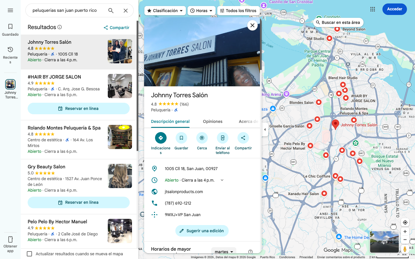 Perfil de negocio local completo en Google Maps con fotos, reseñas y horarios visibles