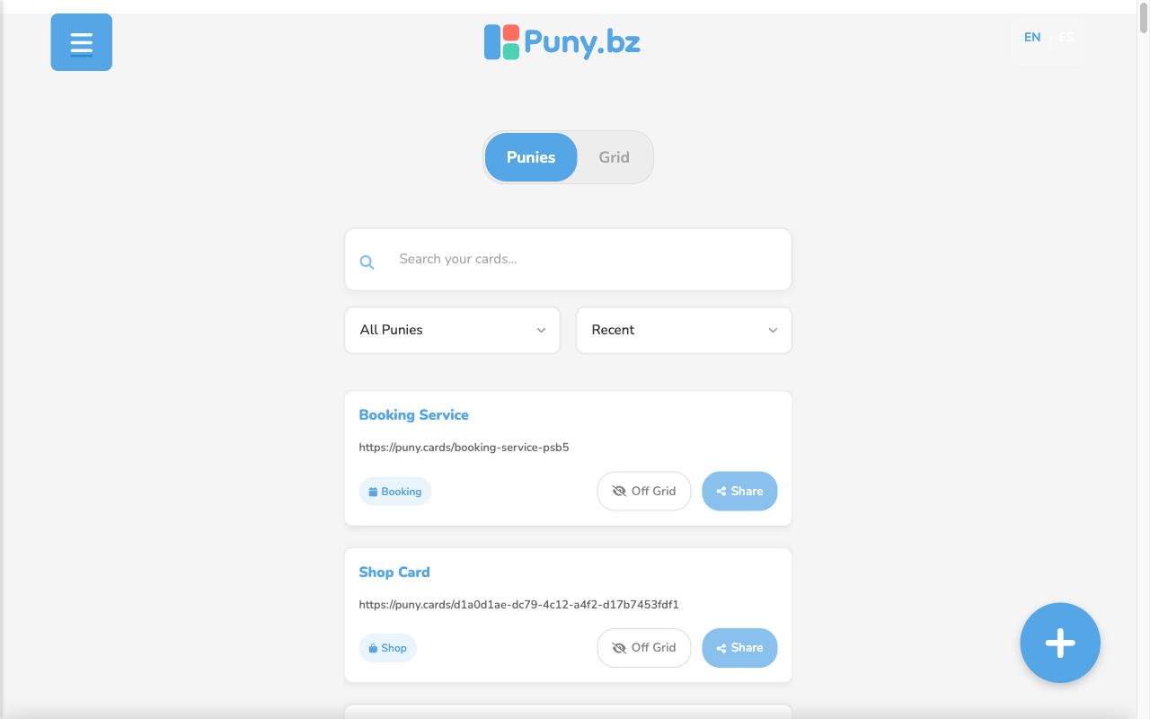 Dashboard de Puny.bz mostrando la lista de Punies y el botón + para crear uno nuevo