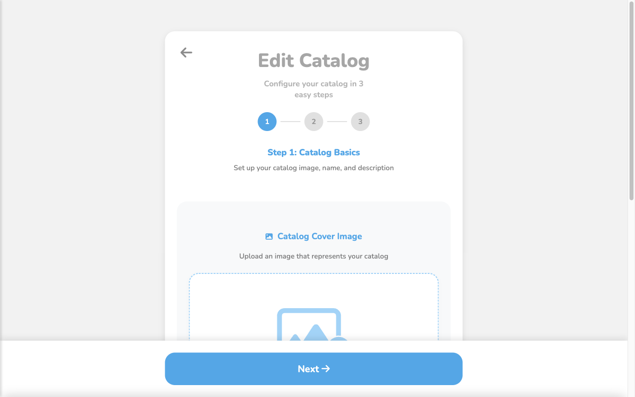 Editor de catálogo de Puny.bz mostrando el Paso 1: Catalog Basics con campo para imagen de portada
