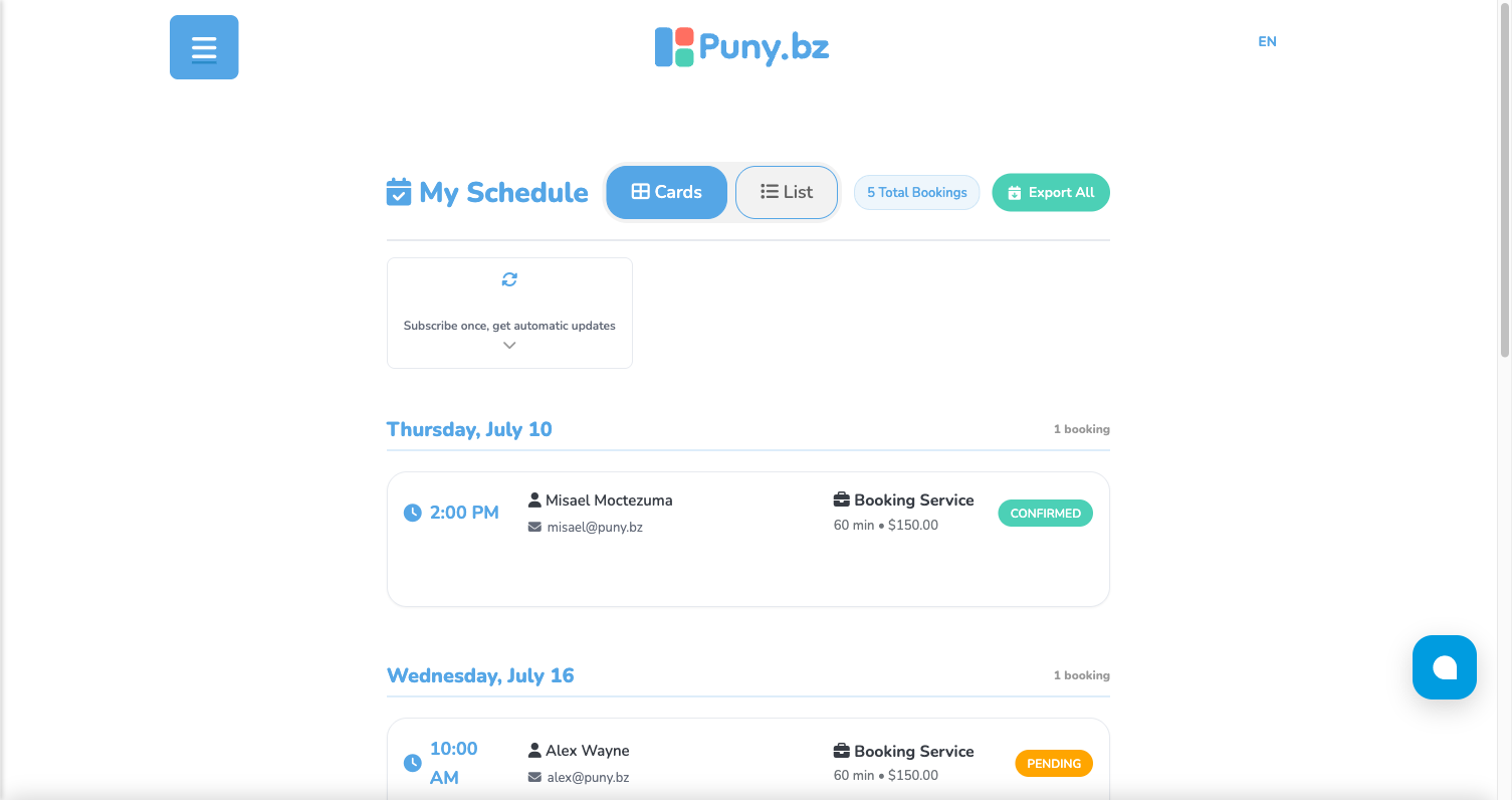 Sección Schedule de Puny.bz mostrando las citas programadas en el dashboard del negocio