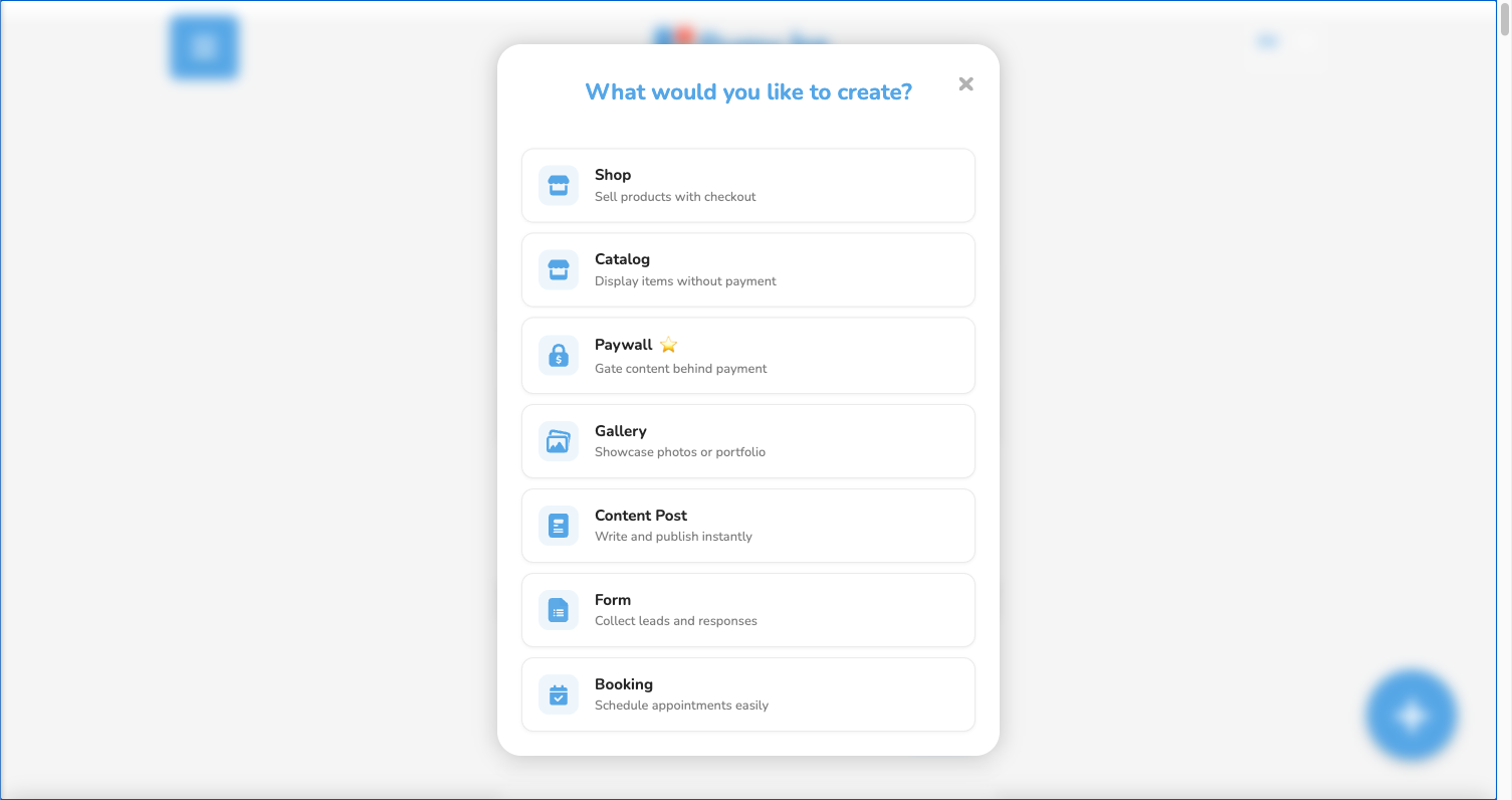 Modal de Puny.bz para crear un nuevo Puny, con la opción Booking resaltada