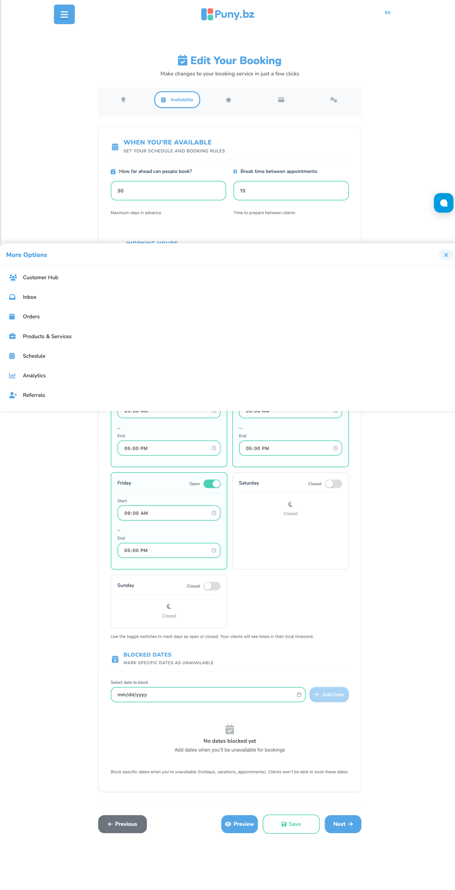 Editor de Booking en Puny.bz, pestaña Availability con configuración de días, horarios y tiempo entre citas