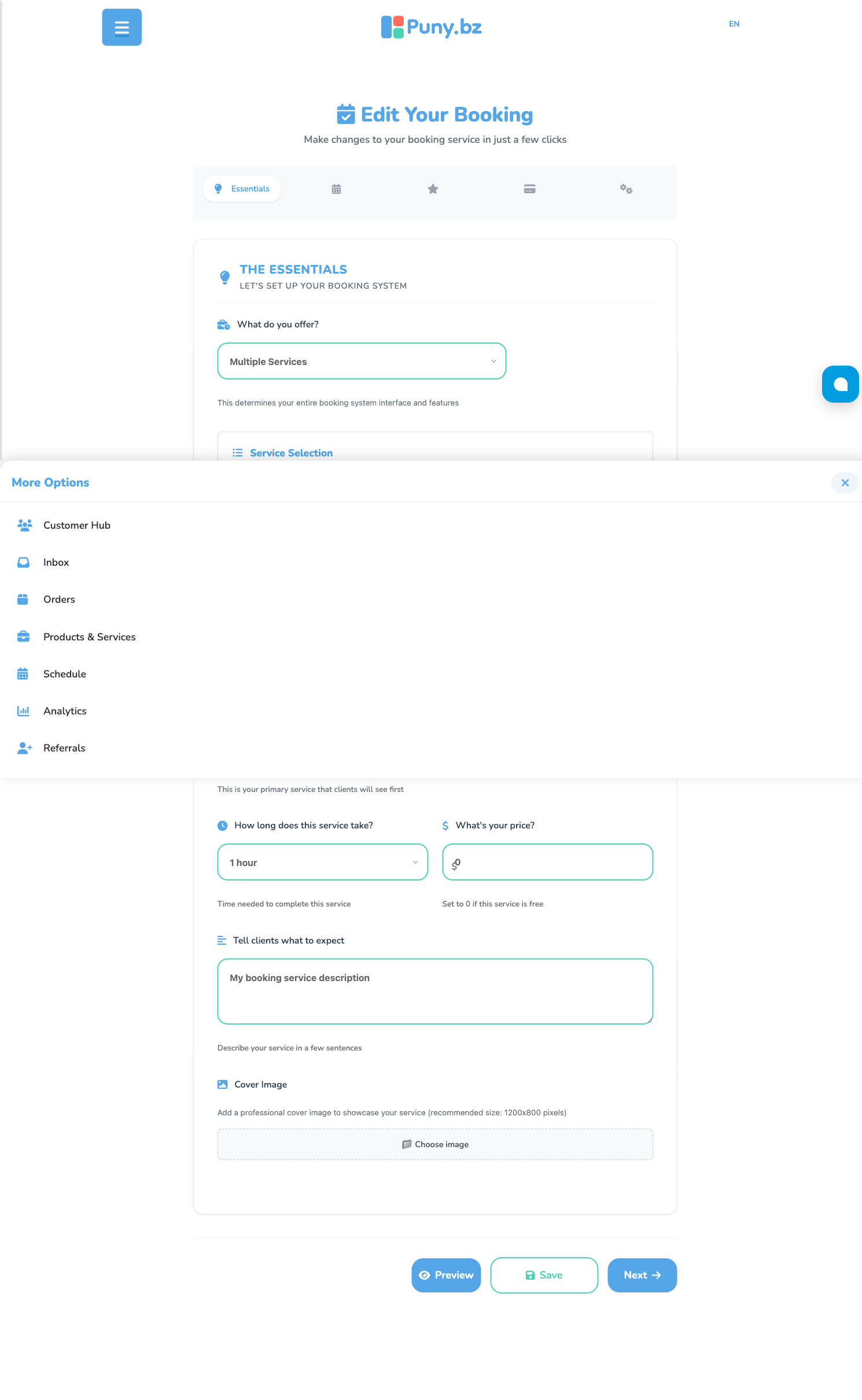 Editor de Booking en Puny.bz, pestaña Essentials con campos de nombre, duración y precio del servicio