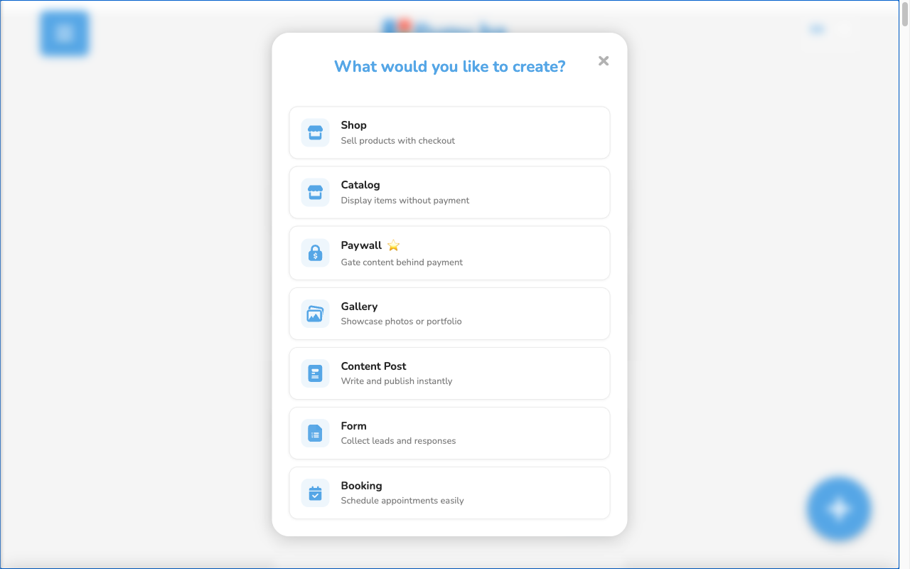 Puny.bz modal for creating a new Puny, showing options: Shop, Catalog, Paywall, Gallery, Content Post, Form, Booking