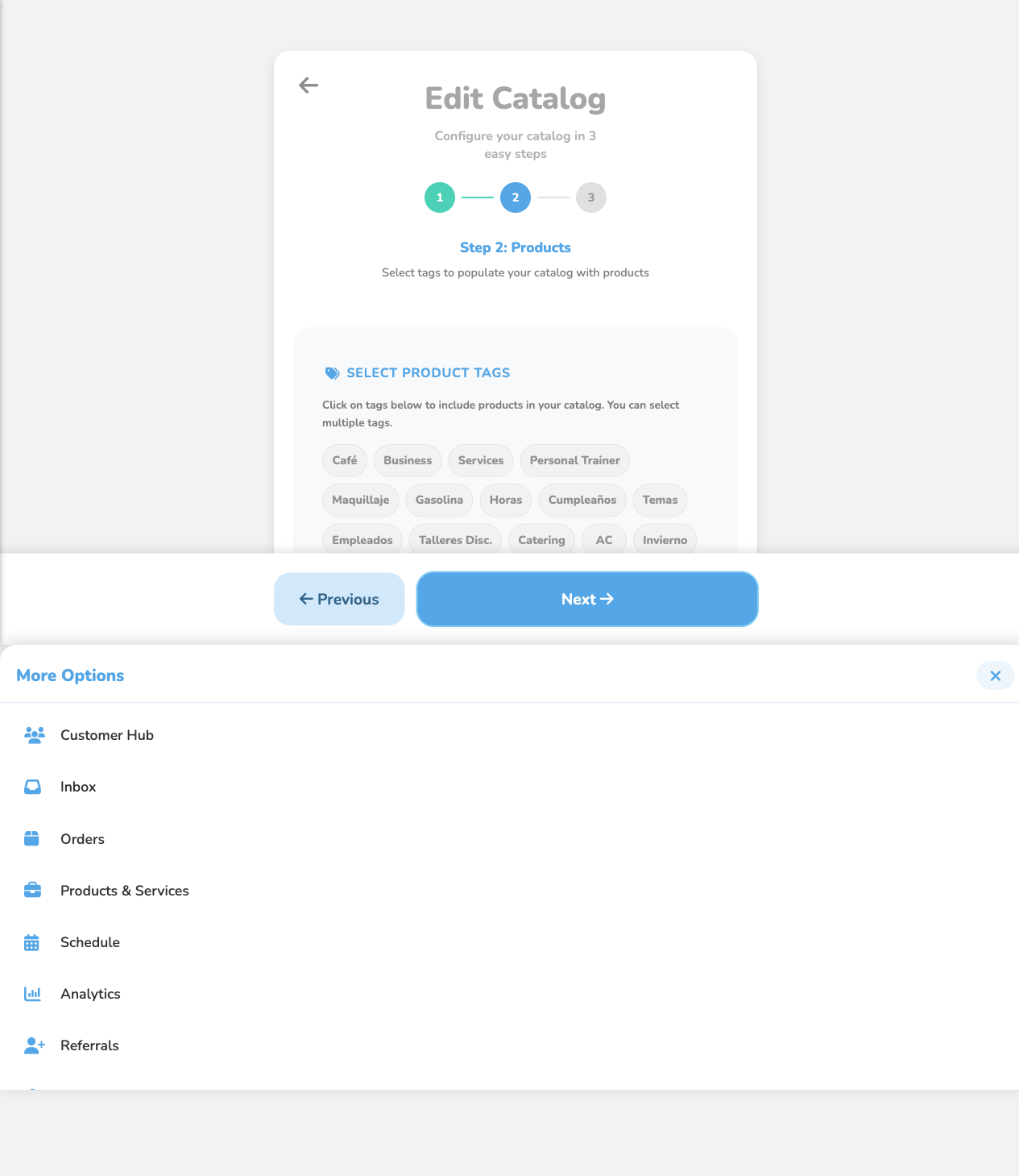 Puny.bz catalog editor showing Step 2 with the list of available tags to select products