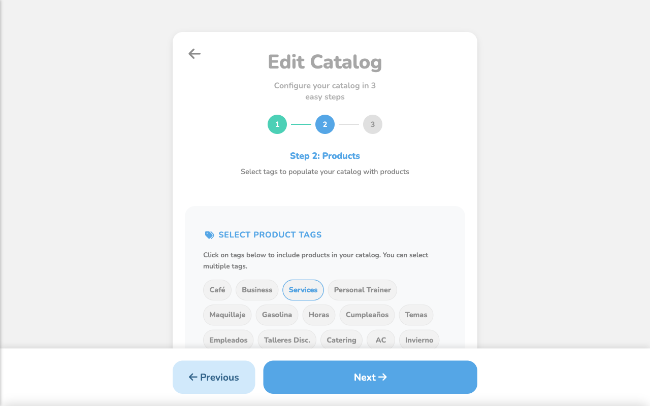 Puny.bz catalog with the Services tag selected and products loaded automatically in the preview