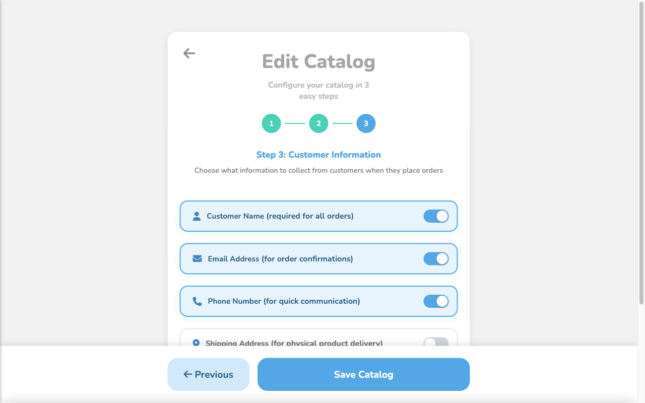 Puny.bz catalog editor showing Step 3 with customer information fields: name, email, phone, and address