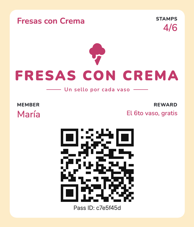 Ejemplo de pase de lealtad digital de Puny para un negocio de postres, con nombre del negocio, contador de sellos y código QR