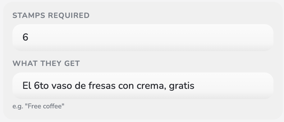 Pantalla de Puny para definir cuántos sellos necesita un cliente de un negocio de postres y qué recompensa recibe