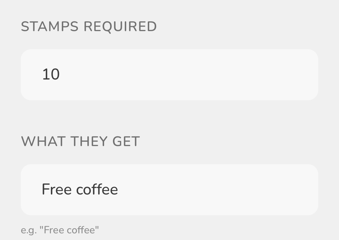 Pantalla de Puny para definir cuántos sellos necesita el cliente de un café y qué café gratis recibe