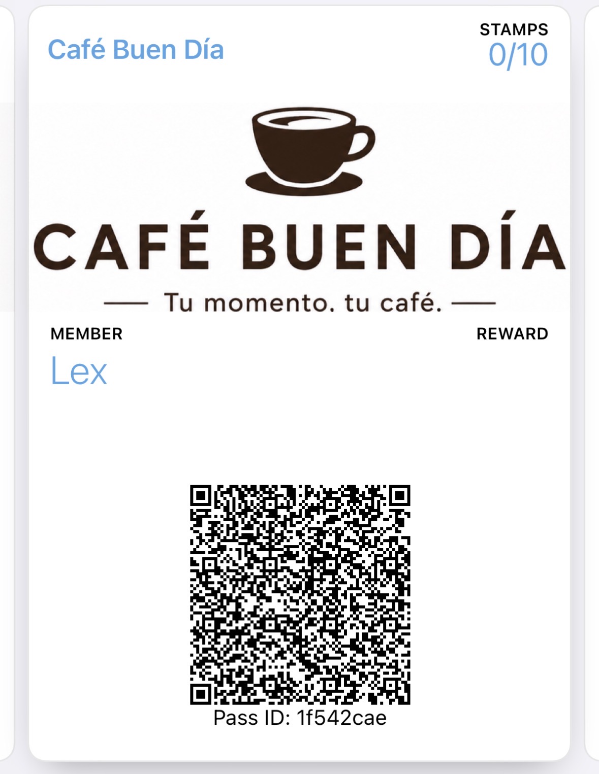 Tarjeta de sellos digital del café Café Buen Día guardada en el teléfono, con código QR y contador de sellos